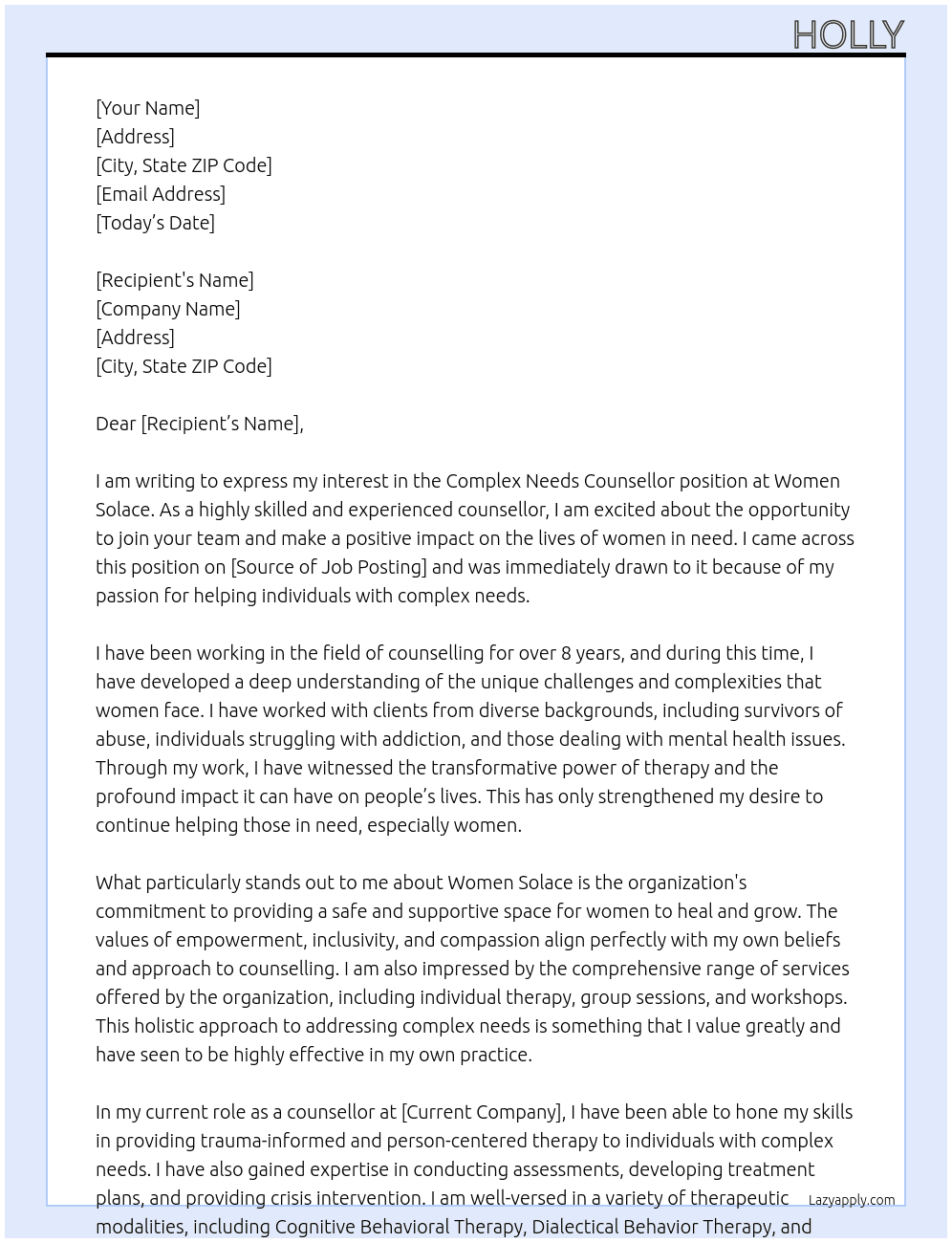 Complex Needs Counsellor At Women Solace  Cover Letter