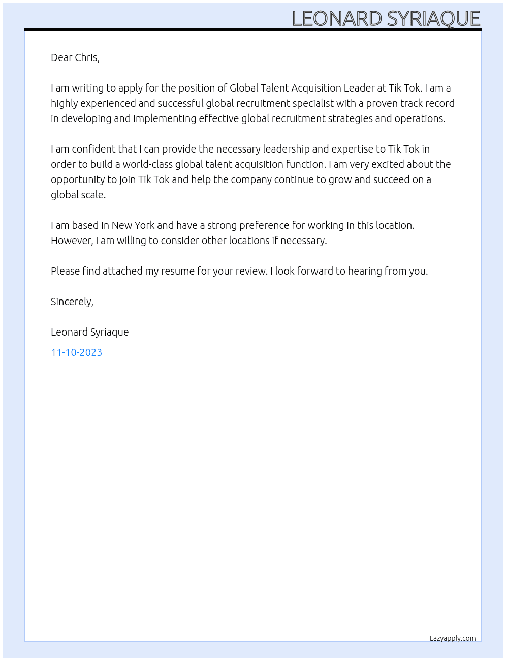 Global Talent Acqusition Leader At Tik Tok  Cover Letter