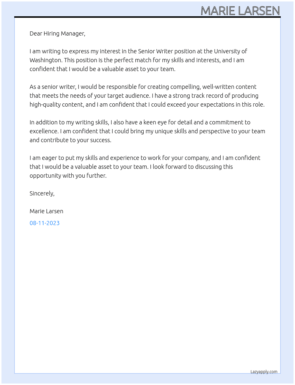 Cover letter for senior writer - LazyApply