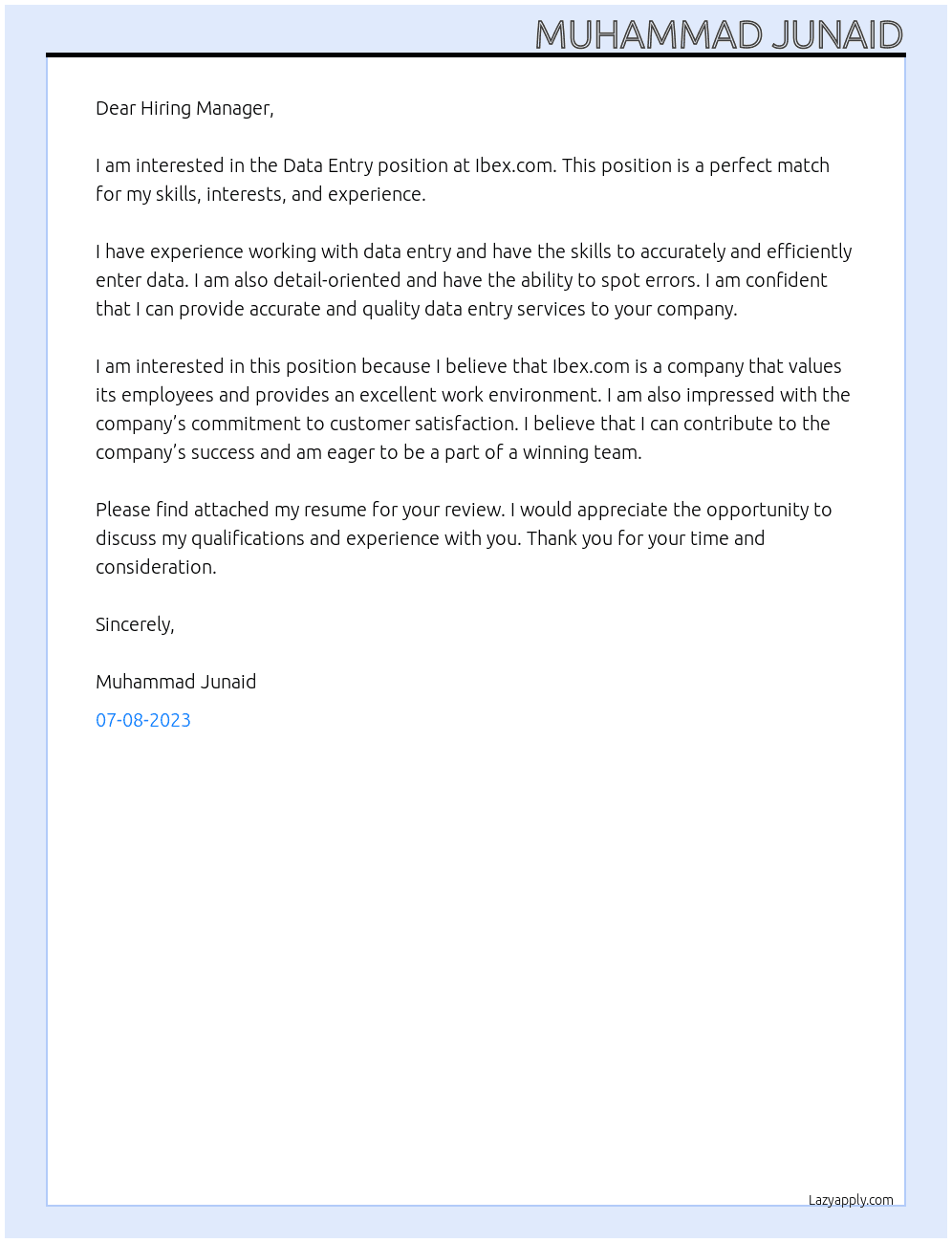 Data Entry  At Ibex.com Cover Letter