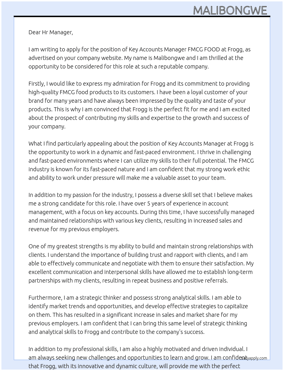Key Accounts Manager FMCG FOOD At frogg Cover Letter