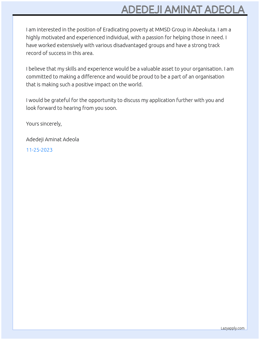 Eradicating poverty  At MMSD Group  Cover Letter