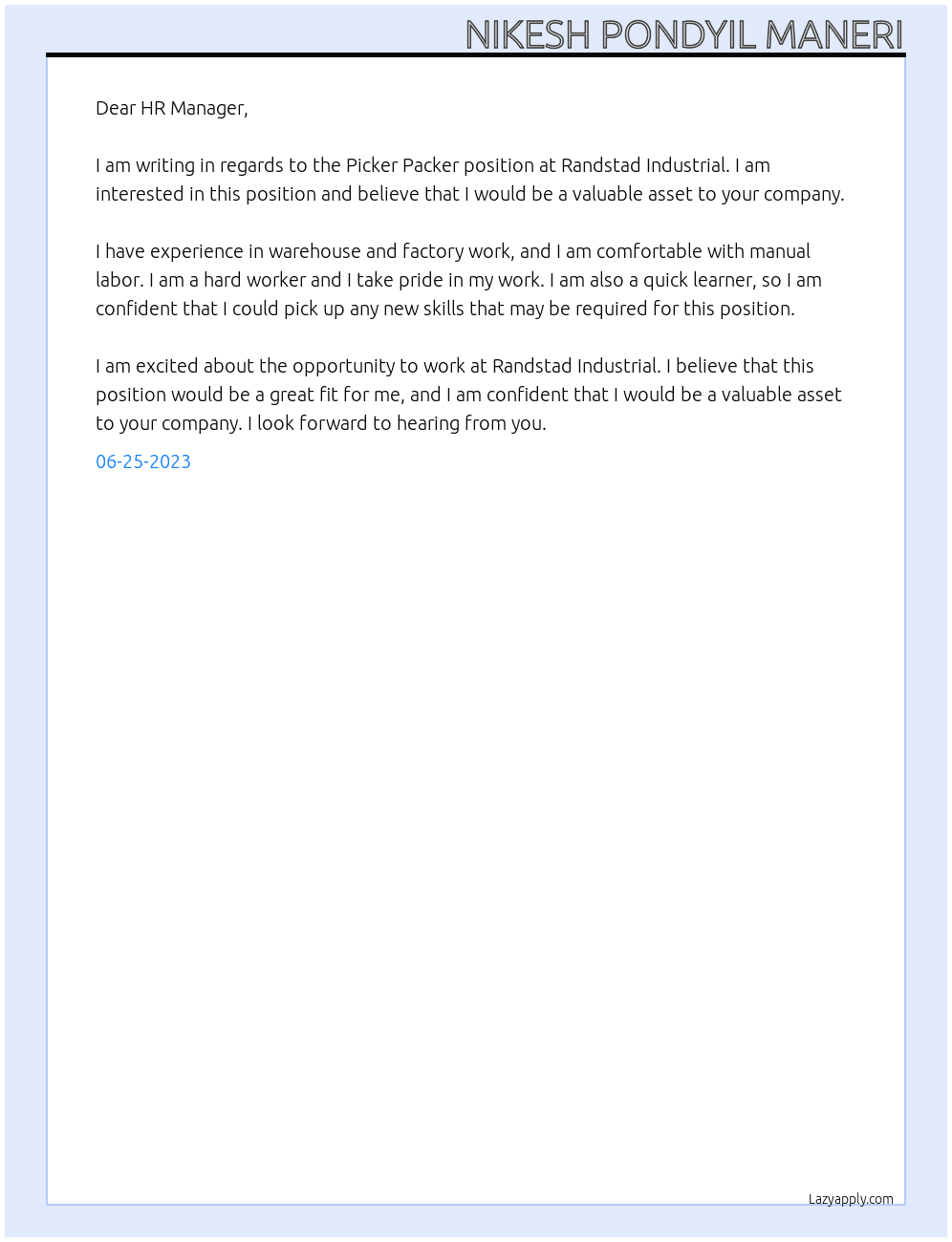 Picker Packer  At Randstad Industrial  Cover Letter