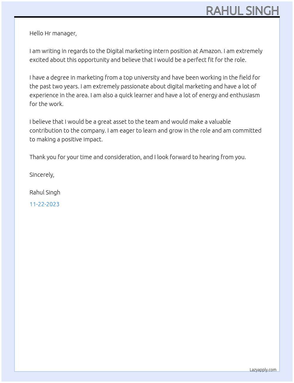 Digital marketing intern  At Amazon Cover Letter
