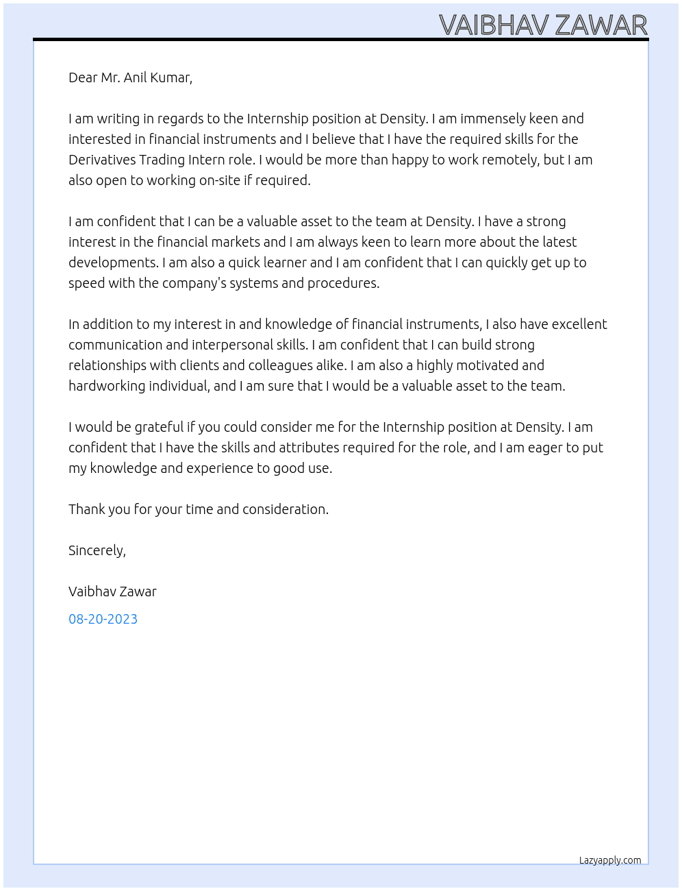 Internship  At Density Cover Letter
