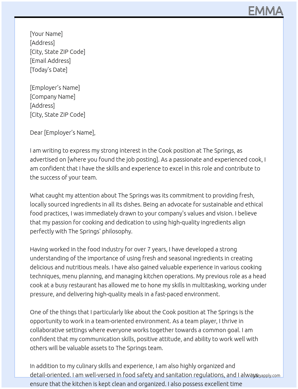 Cook At The Springs Cover Letter