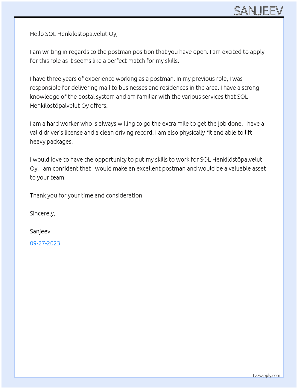 poastman At SOL Henkilöstöpalvelut Oy	 Cover Letter