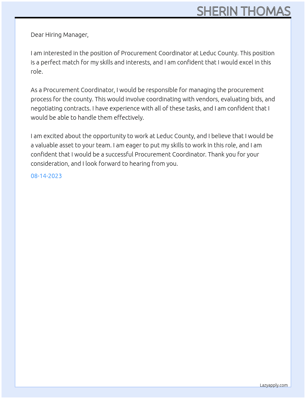 PROCUREMENT COORDINATOR  At Leduc County Cover Letter