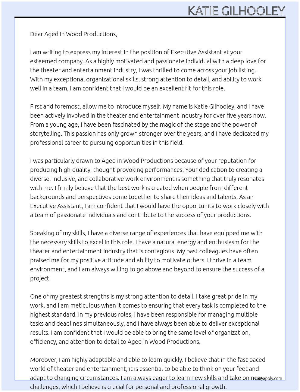 Executive Assistant  At Aged in Wood Productions Cover Letter