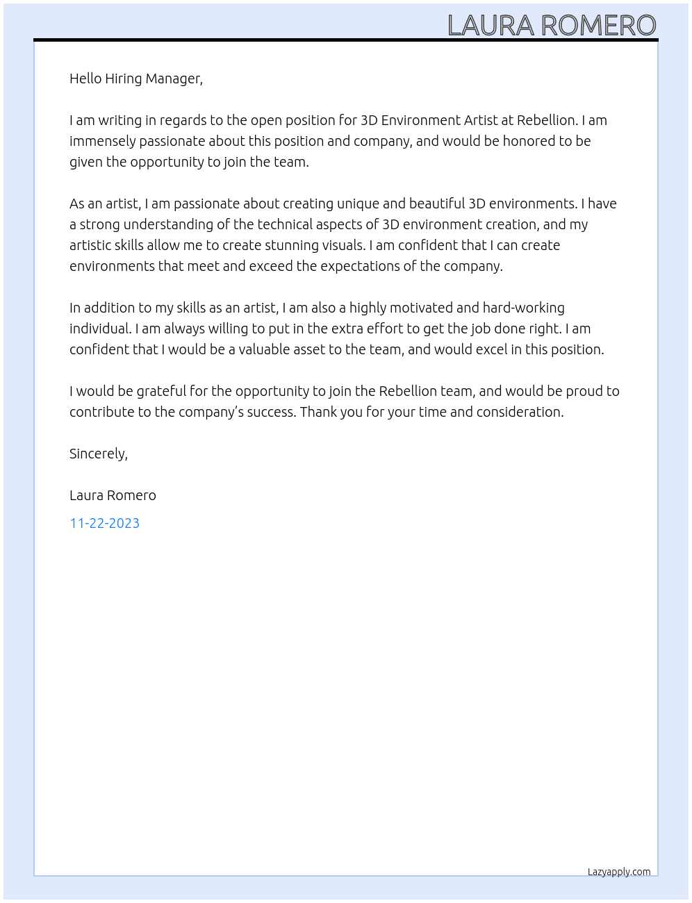 3D Environment Artist At Rebellion  Cover Letter
