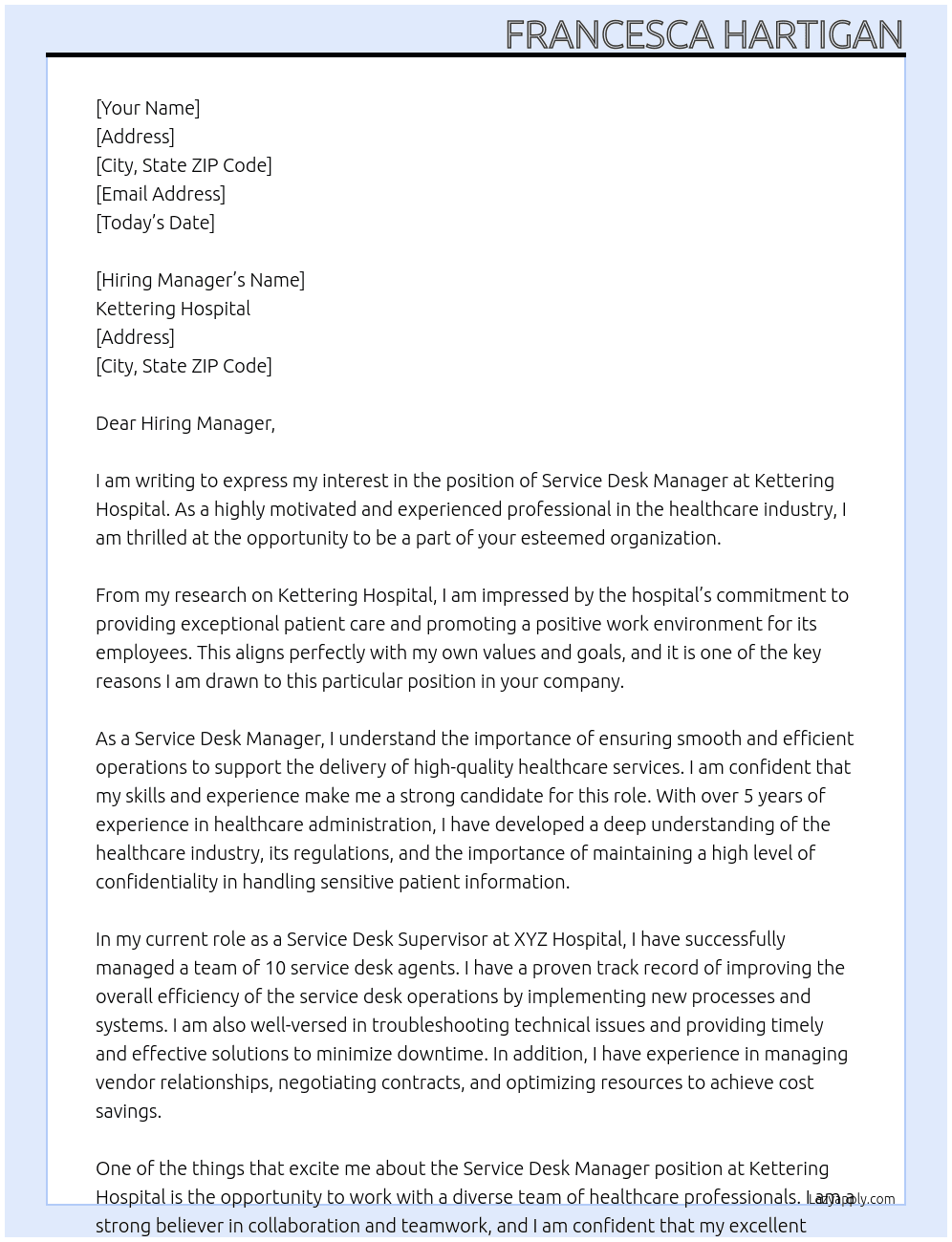 Service desk manager  At Kettering hospital  Cover Letter