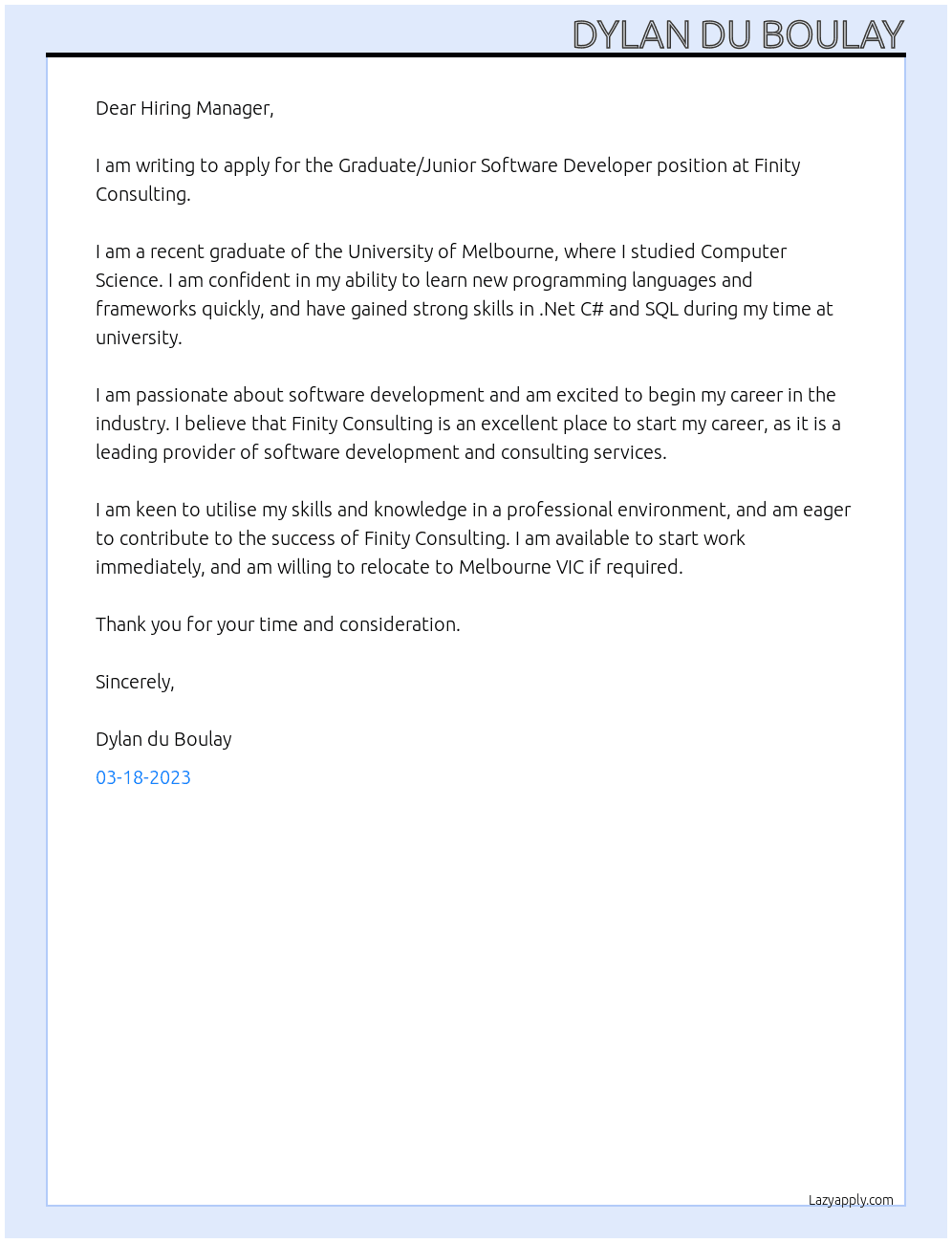Graduate/Junior Software Developer At Finity Consulting Cover Letter
