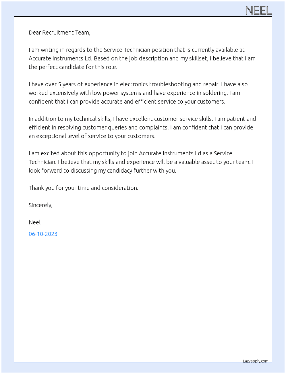 Service Technician At Accurate Instruments Ld Cover Letter