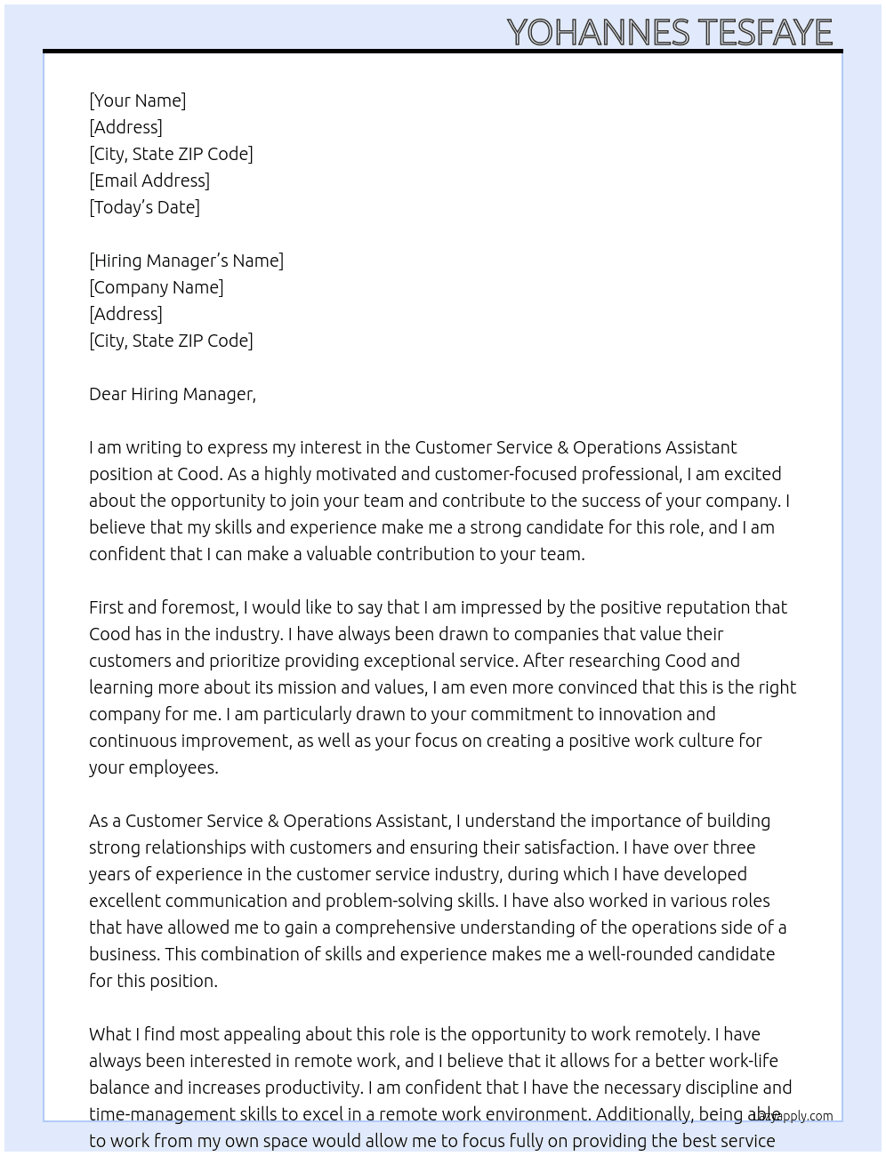 Customer Service & Operations Assistant At cood Cover Letter