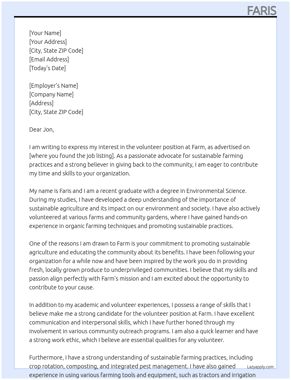 Volunteer  At Farm Cover Letter