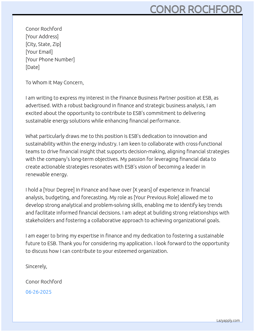 Finance Business Partner At ESB Cover Letter