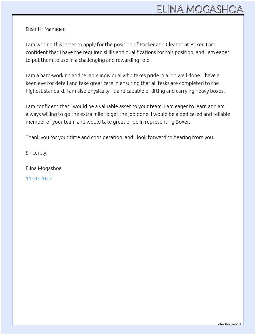 Packer and cleaner At Boxer Cover Letter