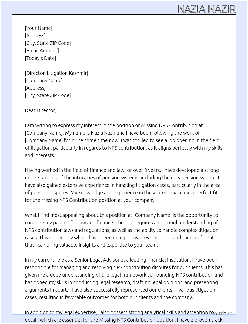 Missing NPS COntribution At Missing new pension system contibution Cover Letter