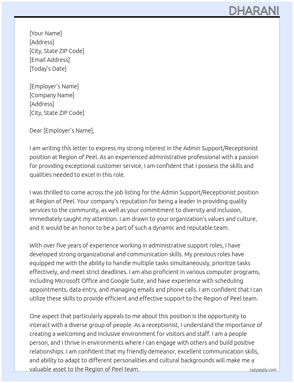 Admin support/receptionist At Region of peel Cover Letter