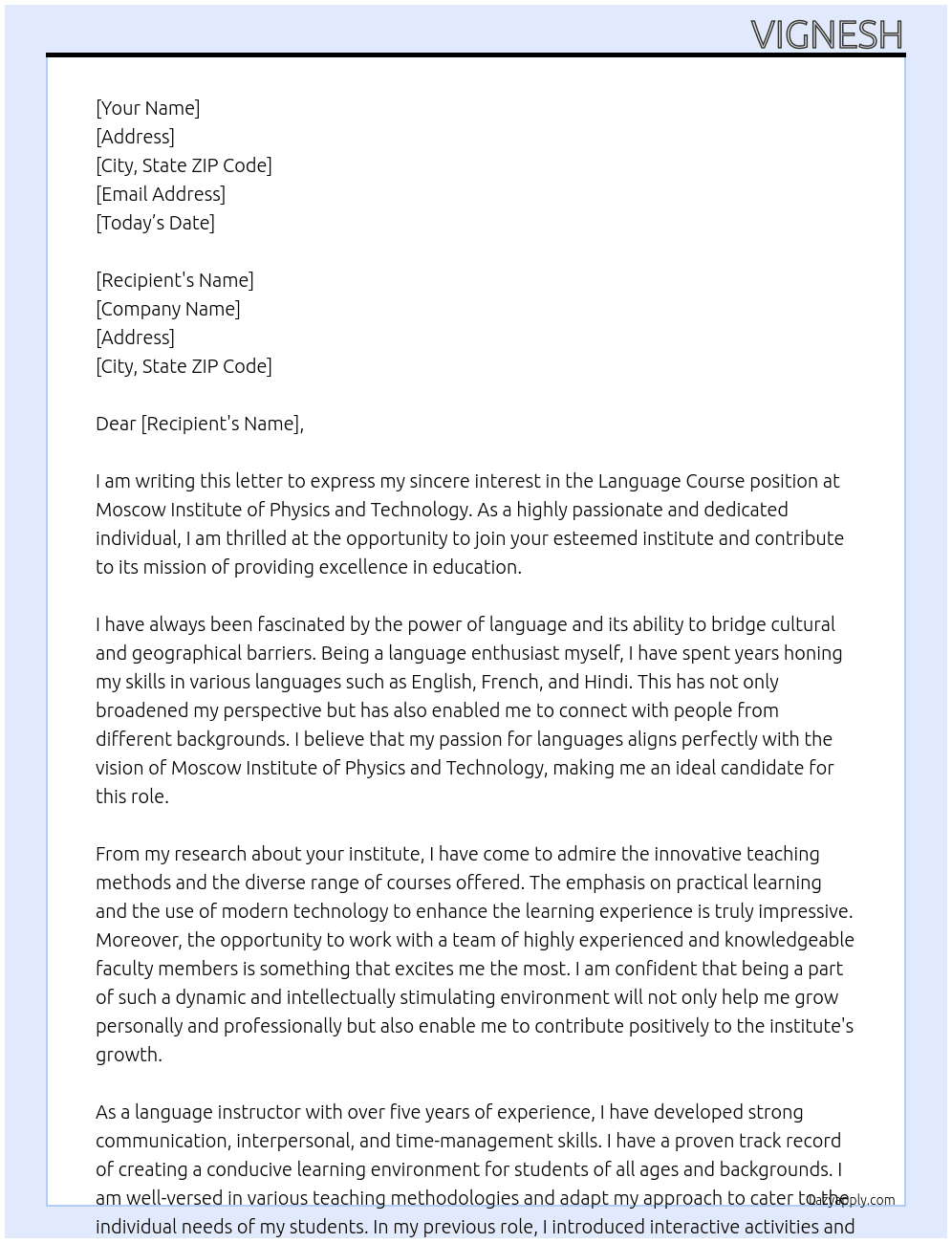 Language course At Moscow institute of physics and technology Cover Letter