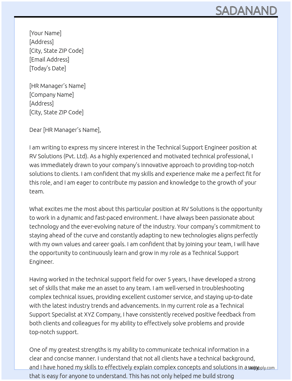 technical support engineer At Rv solutions (Pvt.Ltd) Cover Letter