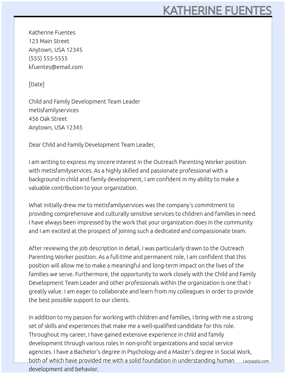 Outreach Parenting Worker - FT/Permanent At metisfamilyservices Cover Letter