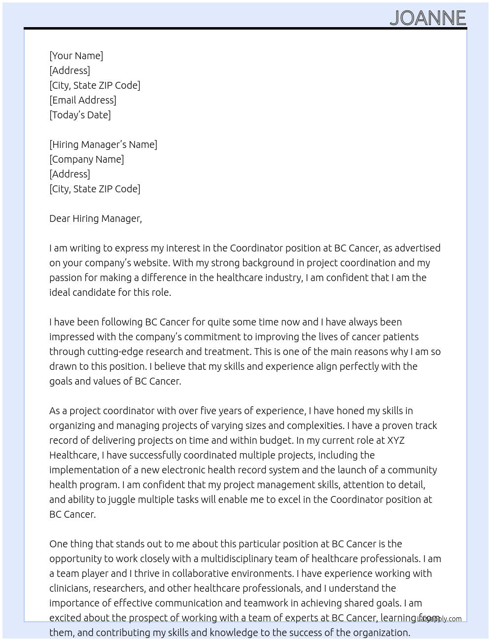 Coordinator At BC Cancer Cover Letter