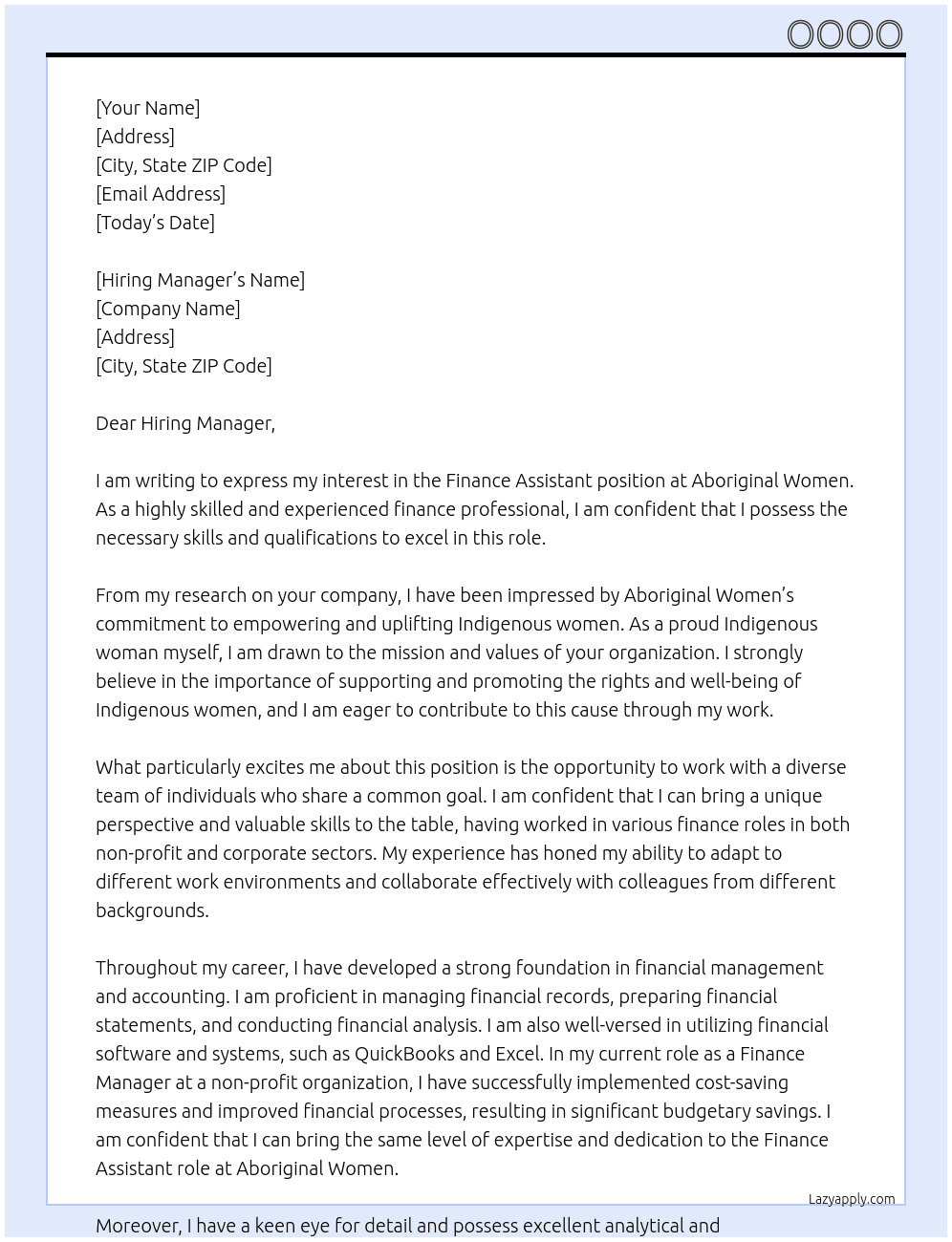 finance assistant At Aboriginal Women  Cover Letter