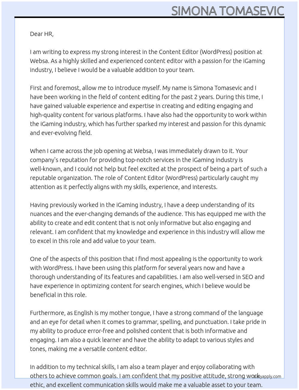 Content Editor (Wordpress) - iGaming At Websa Cover Letter