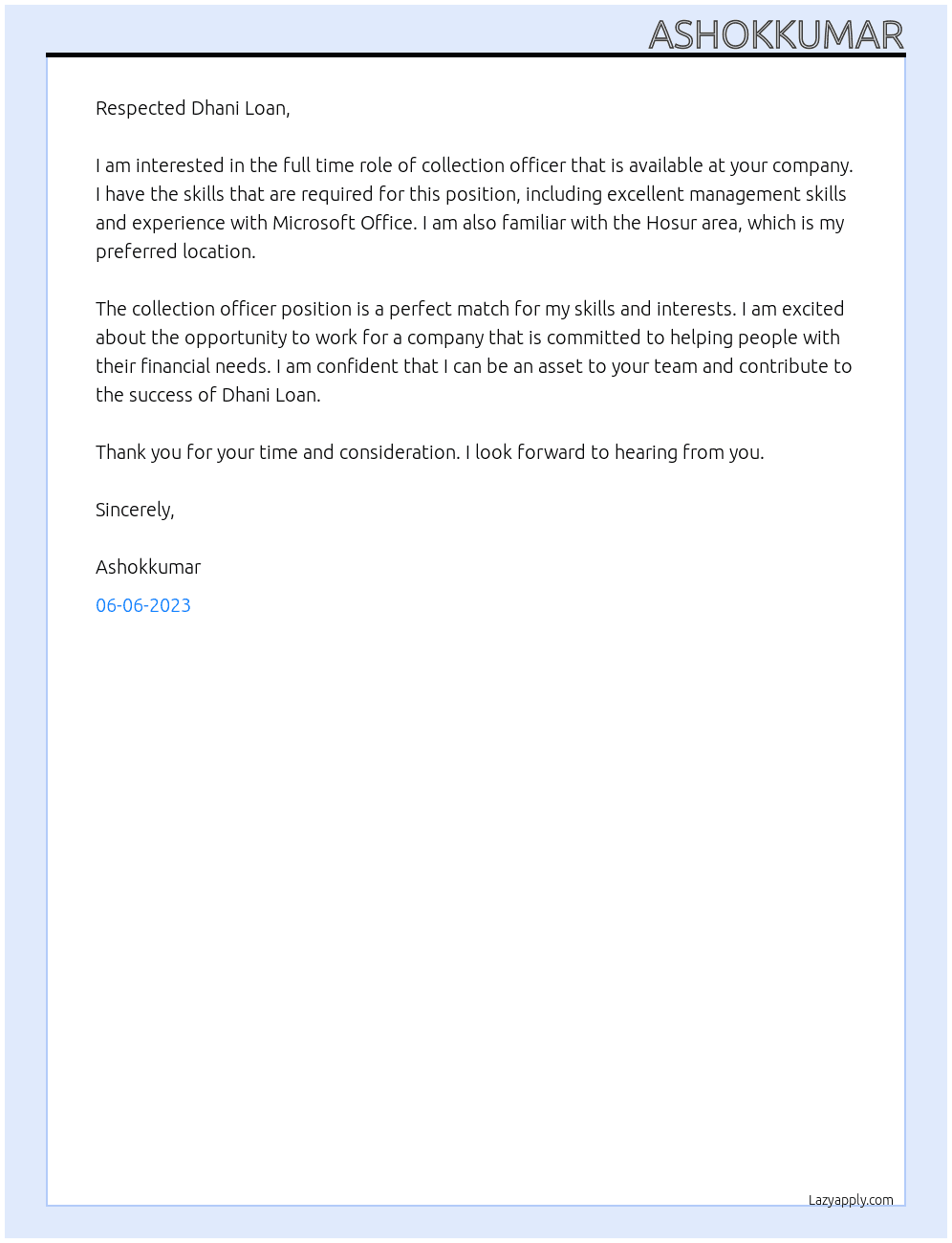 collection officer At Dhani Loan Cover Letter