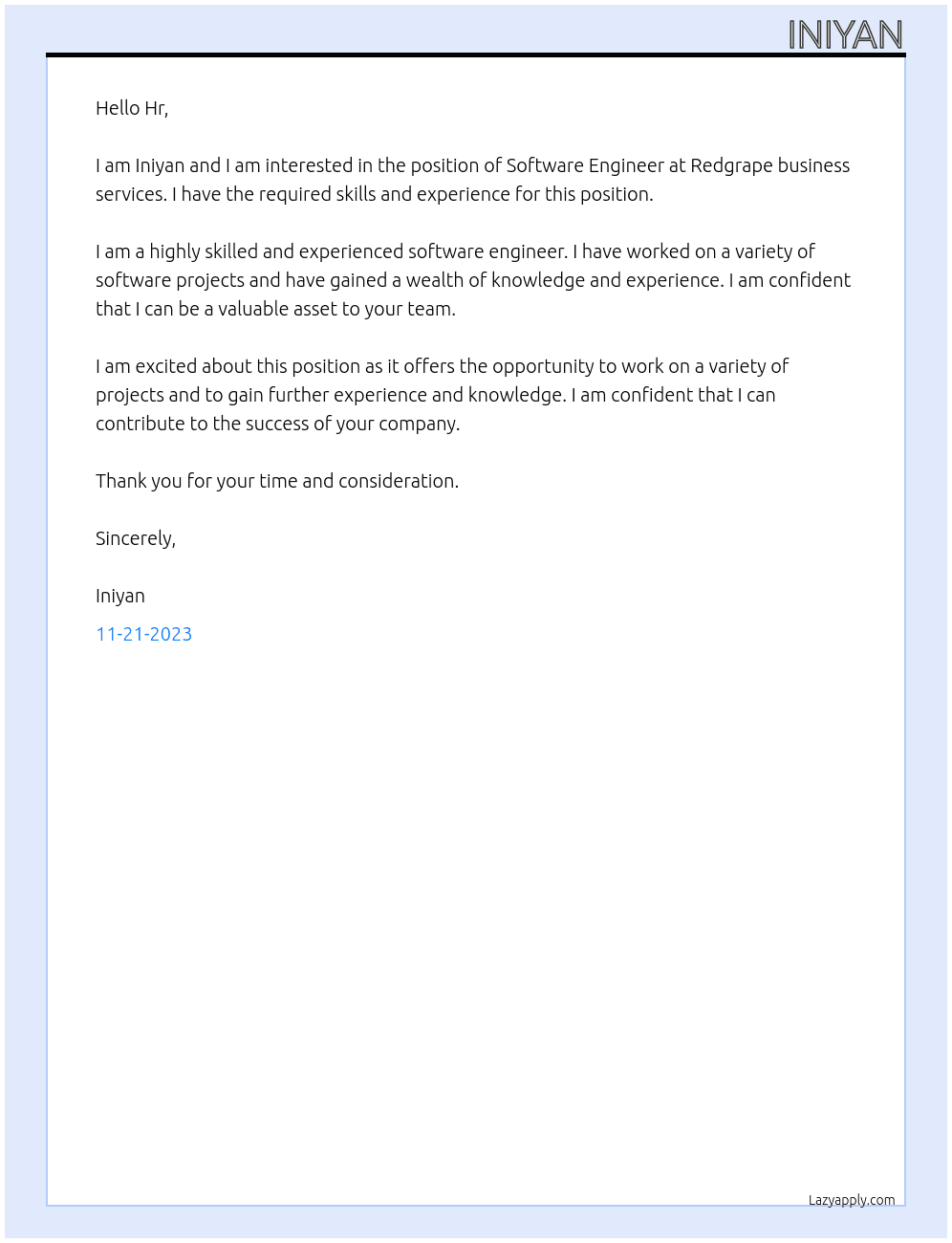Software Engineer  At Redgrape business services  Cover Letter