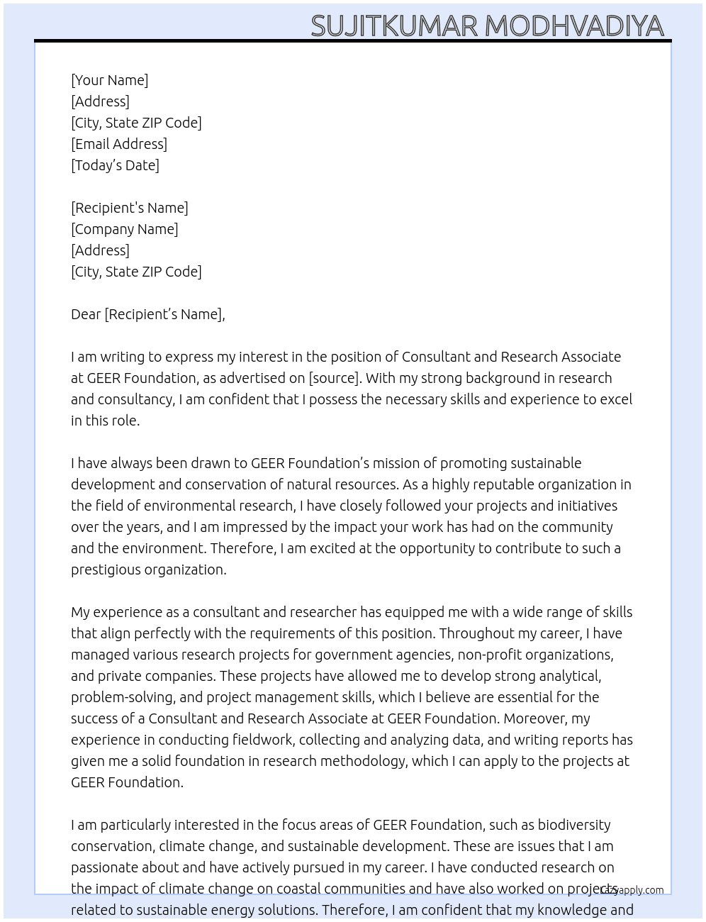 Consultant and Research Associate  At GEER Foundation  Cover Letter