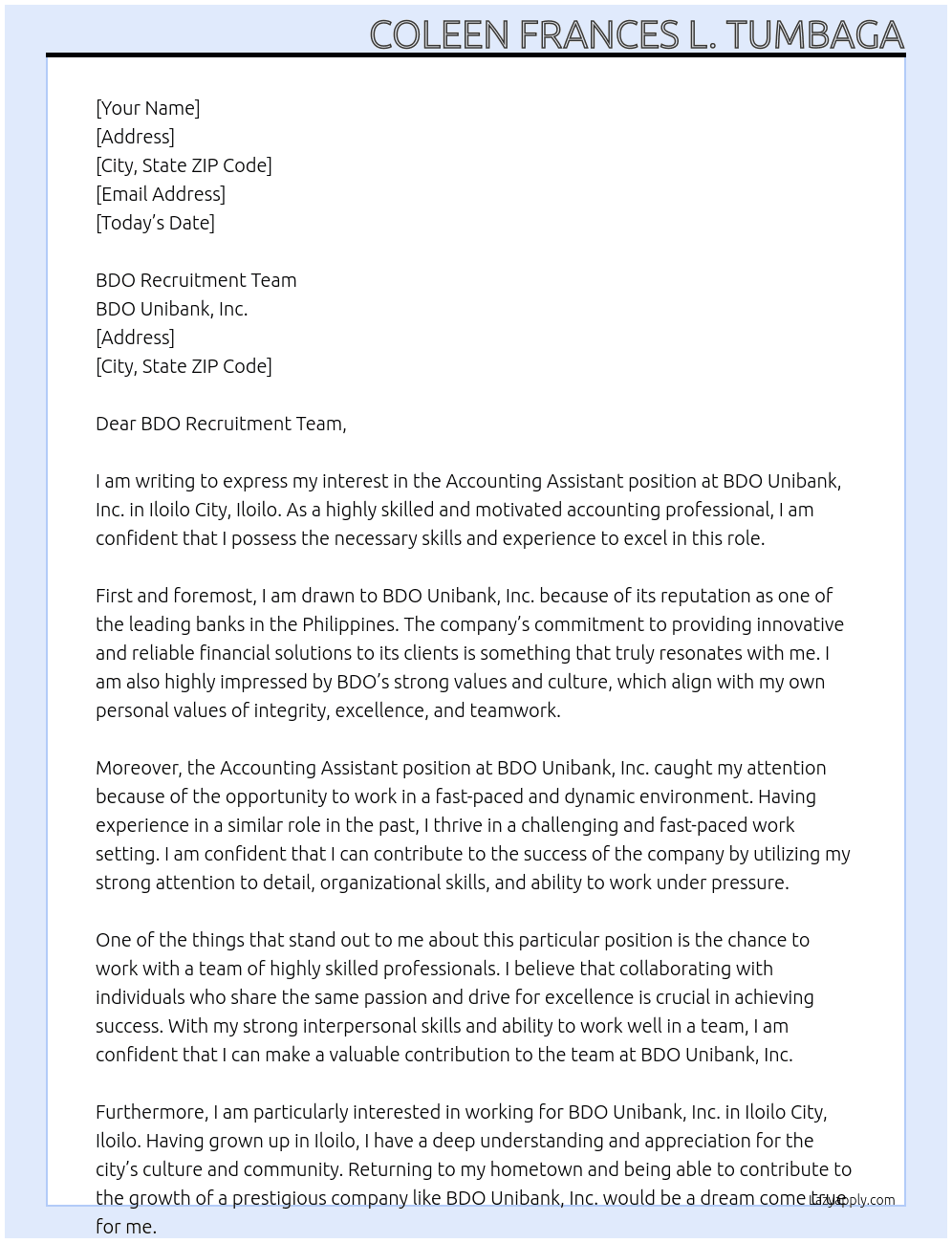 Accounting Assistant At BDO Unibank, Inc. Cover Letter