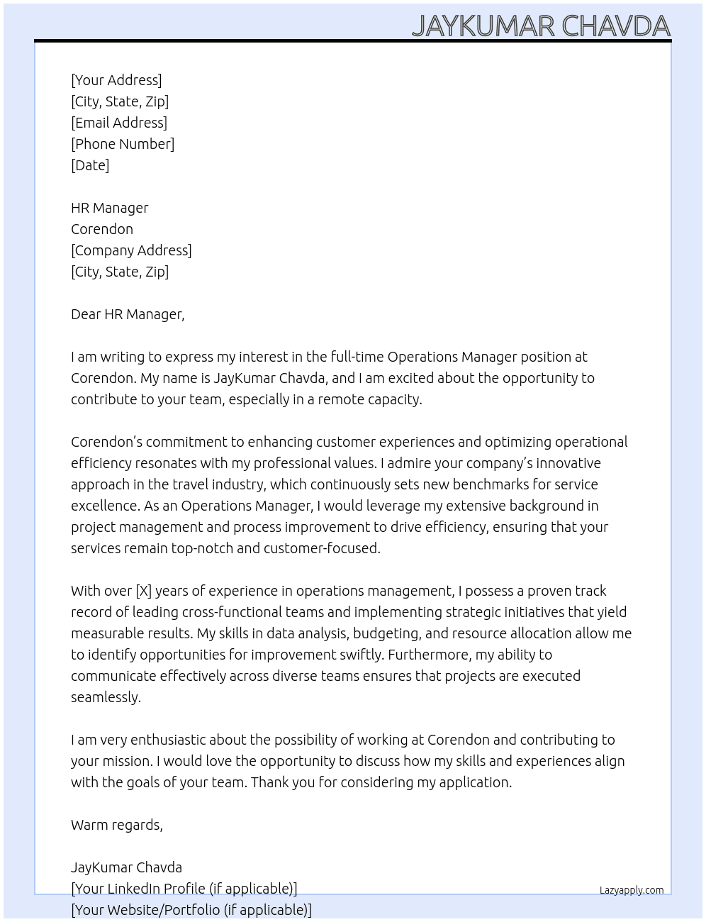 Operation manager  At Corendon Cover Letter