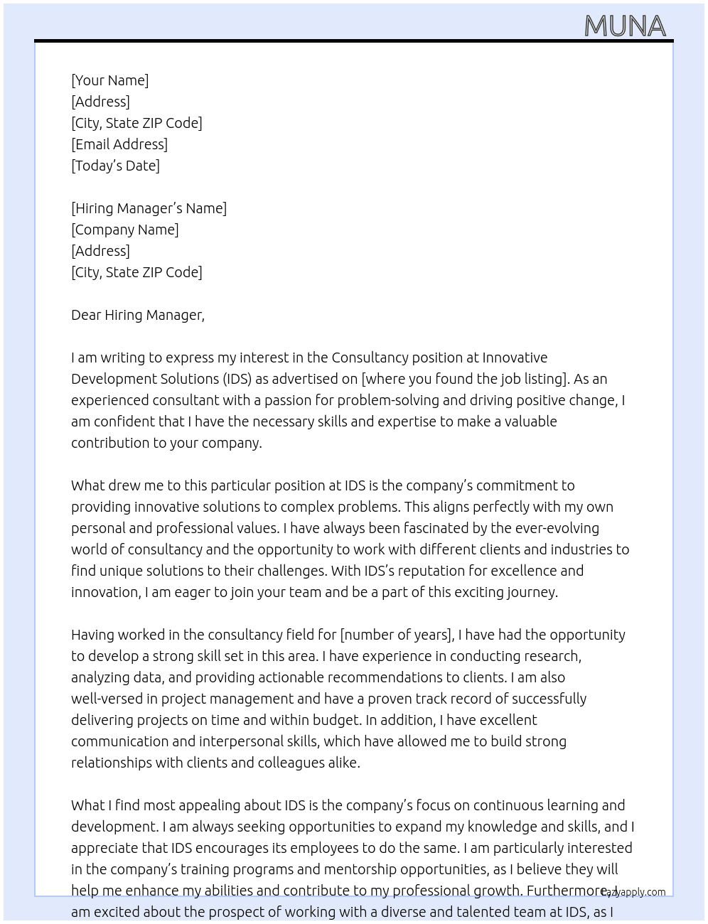 Consultancy  At Innovative Development Solutions (IDS) Cover Letter