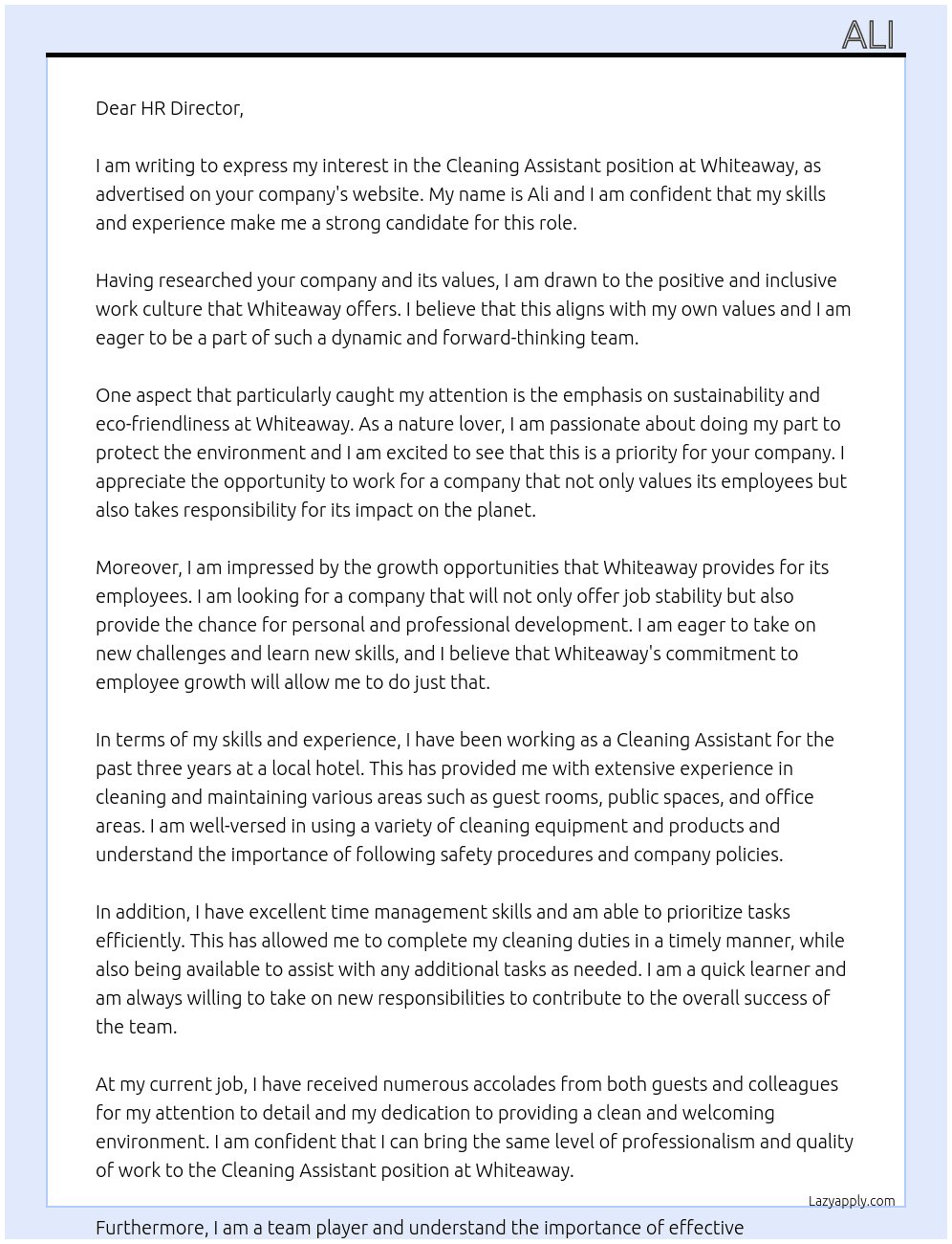 cleaning assistant At whiteaway Cover Letter