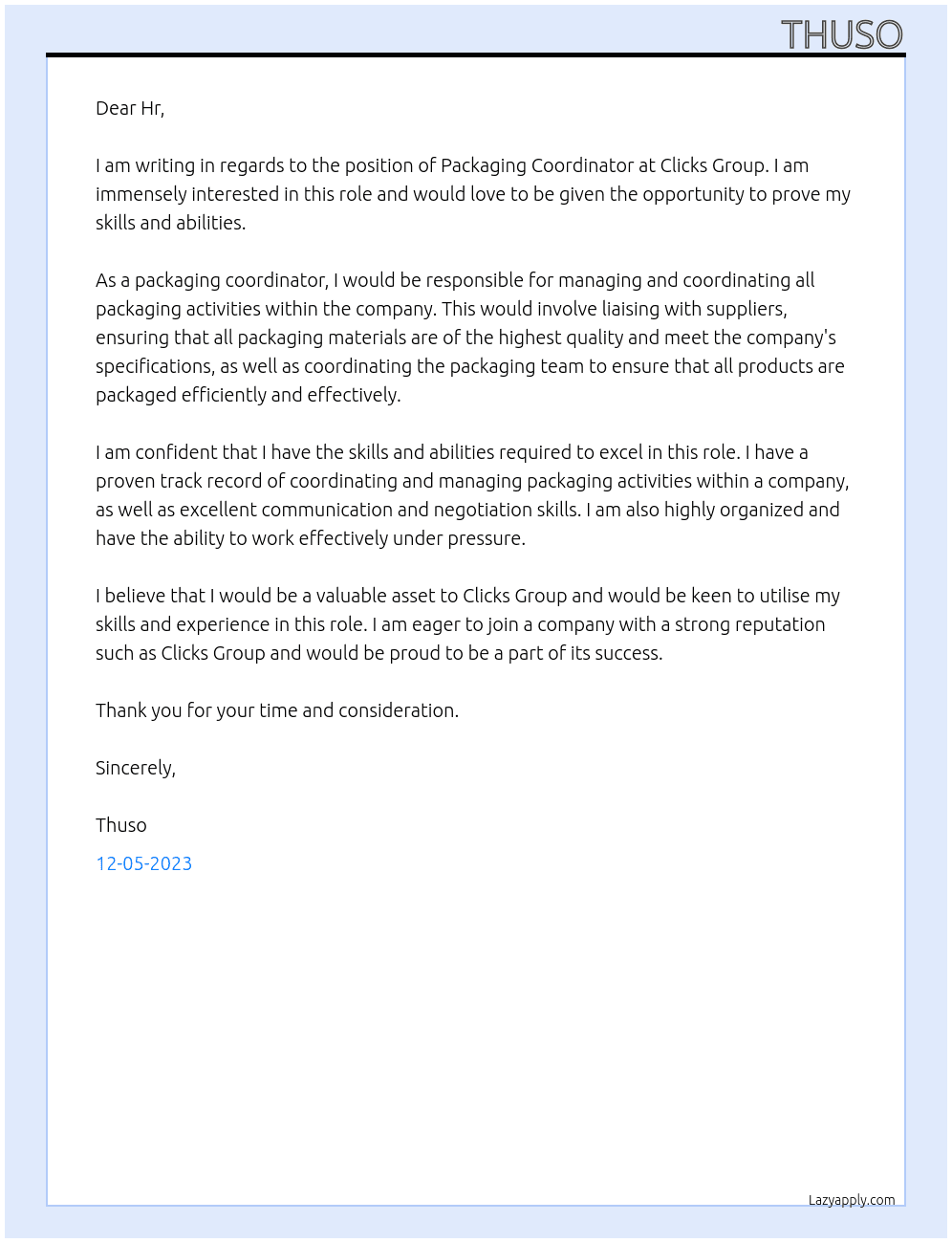 Packaging Coordinator At Clicks Group Cover Letter
