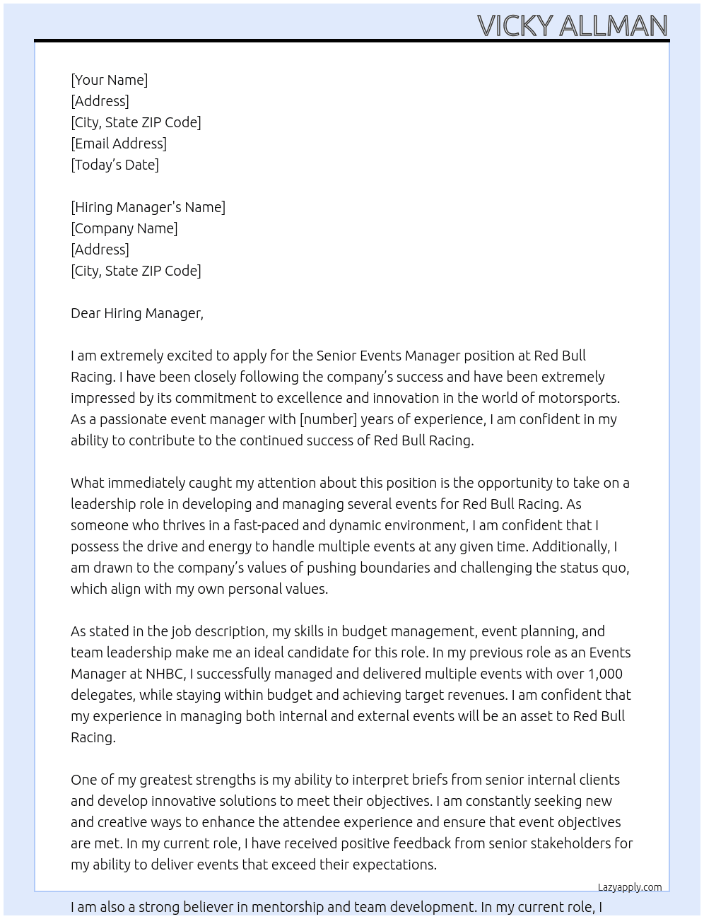 Senior Events Manager At Red Bull Racing Cover Letter