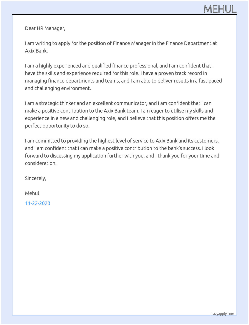 f Manager in Finance Department At Axix Bank  Cover Letter