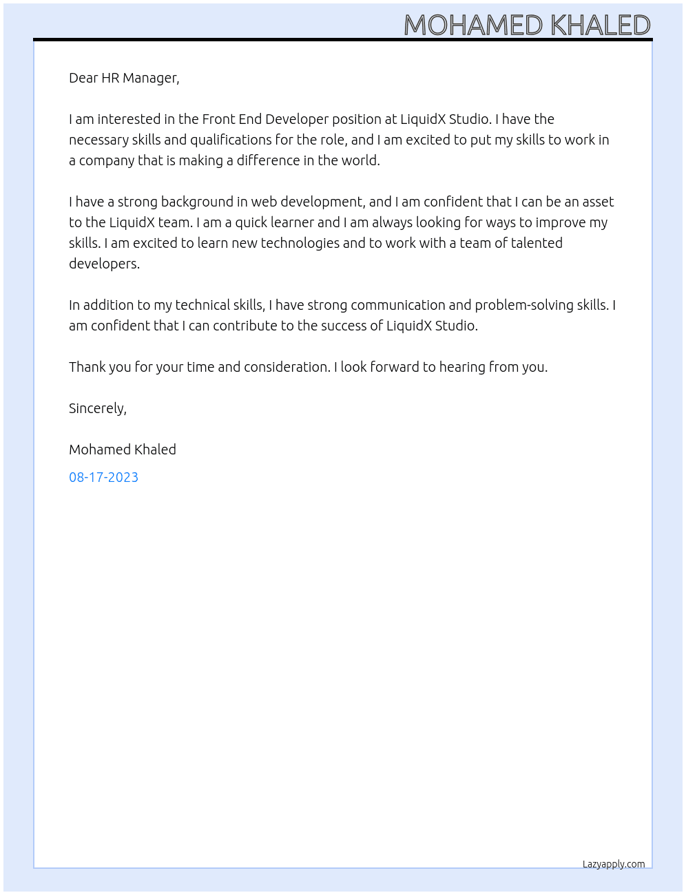 Front End Developer At LiquidX Studio  Cover Letter