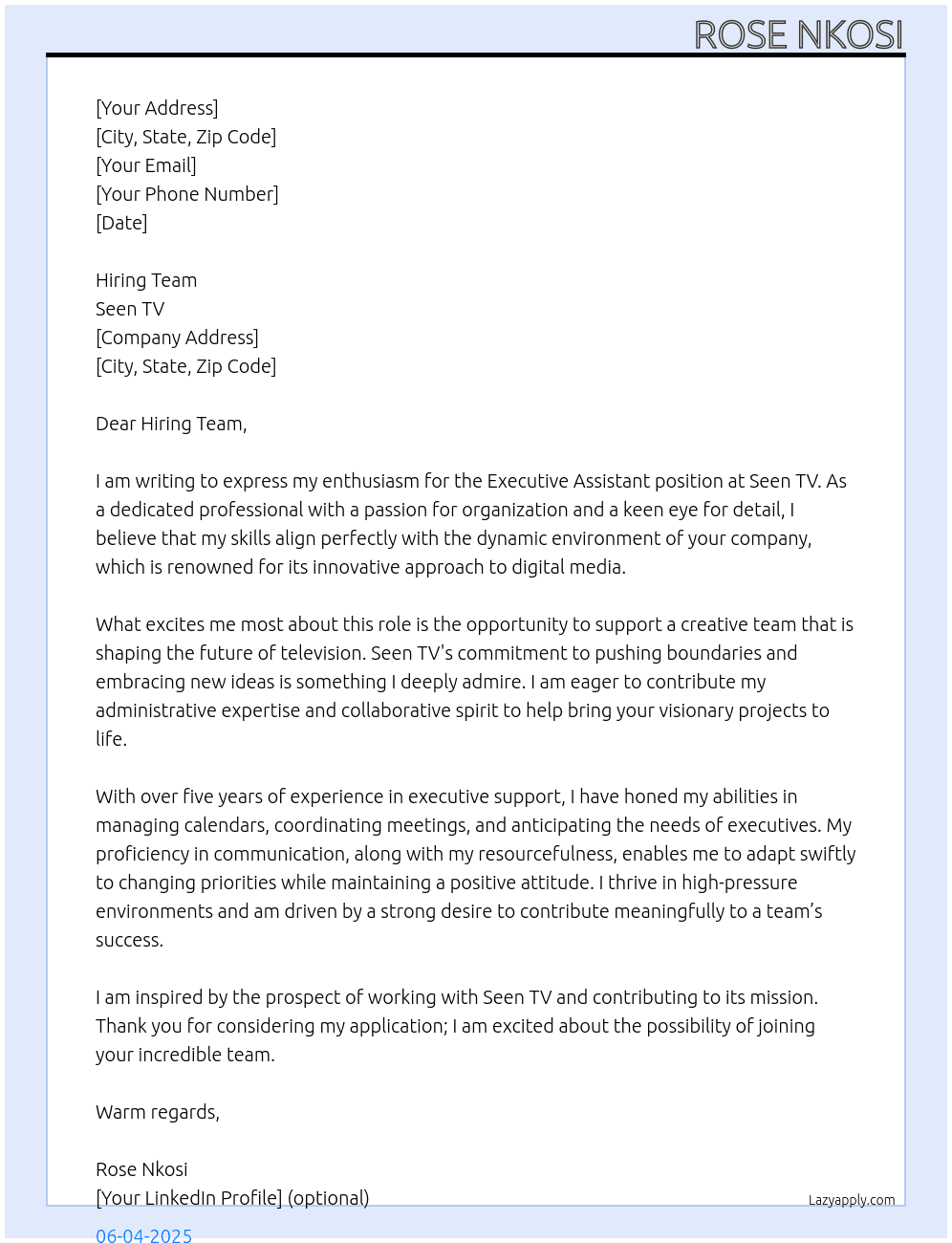executive assistant At Seen TV Cover Letter