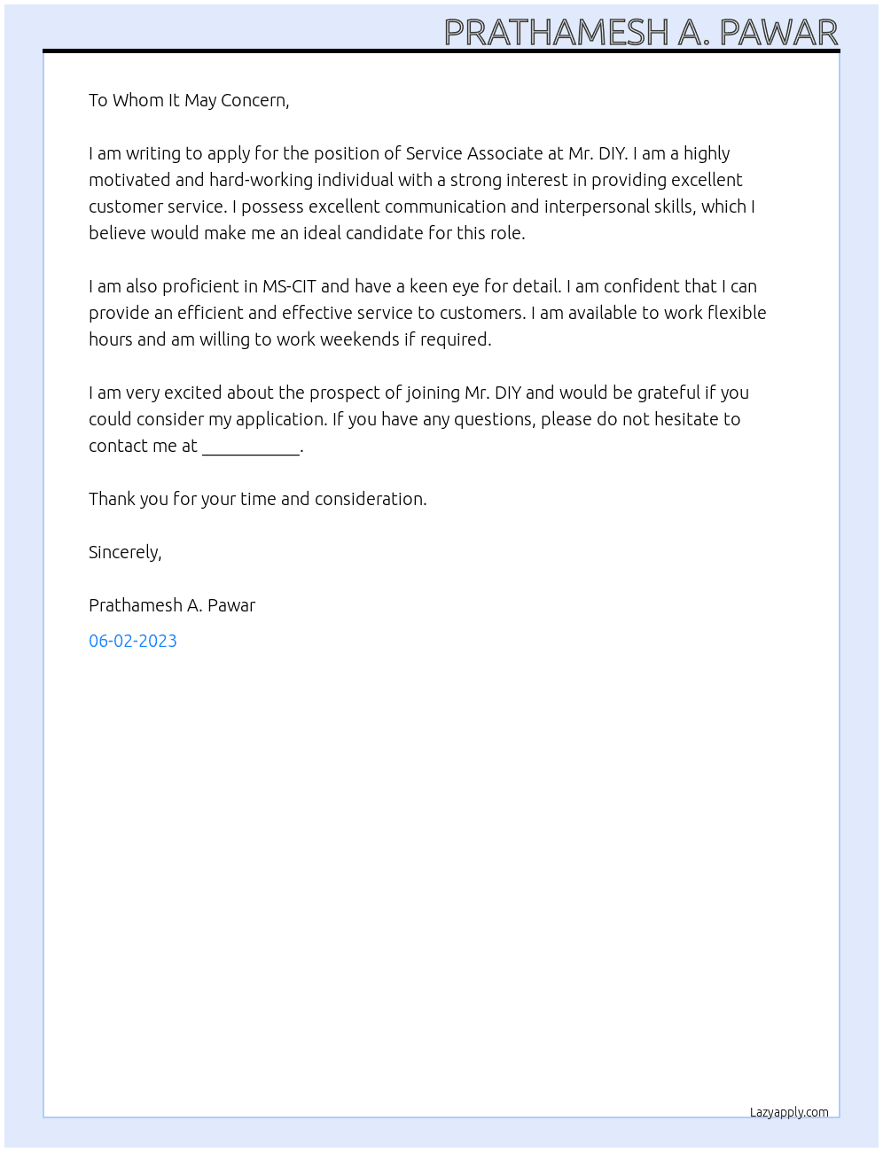 Service Associate At Mr. DIY Cover Letter