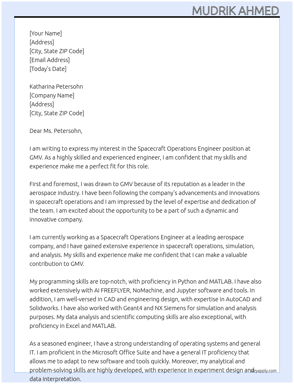 Spacecraft Operations Engineer At GMV Cover Letter