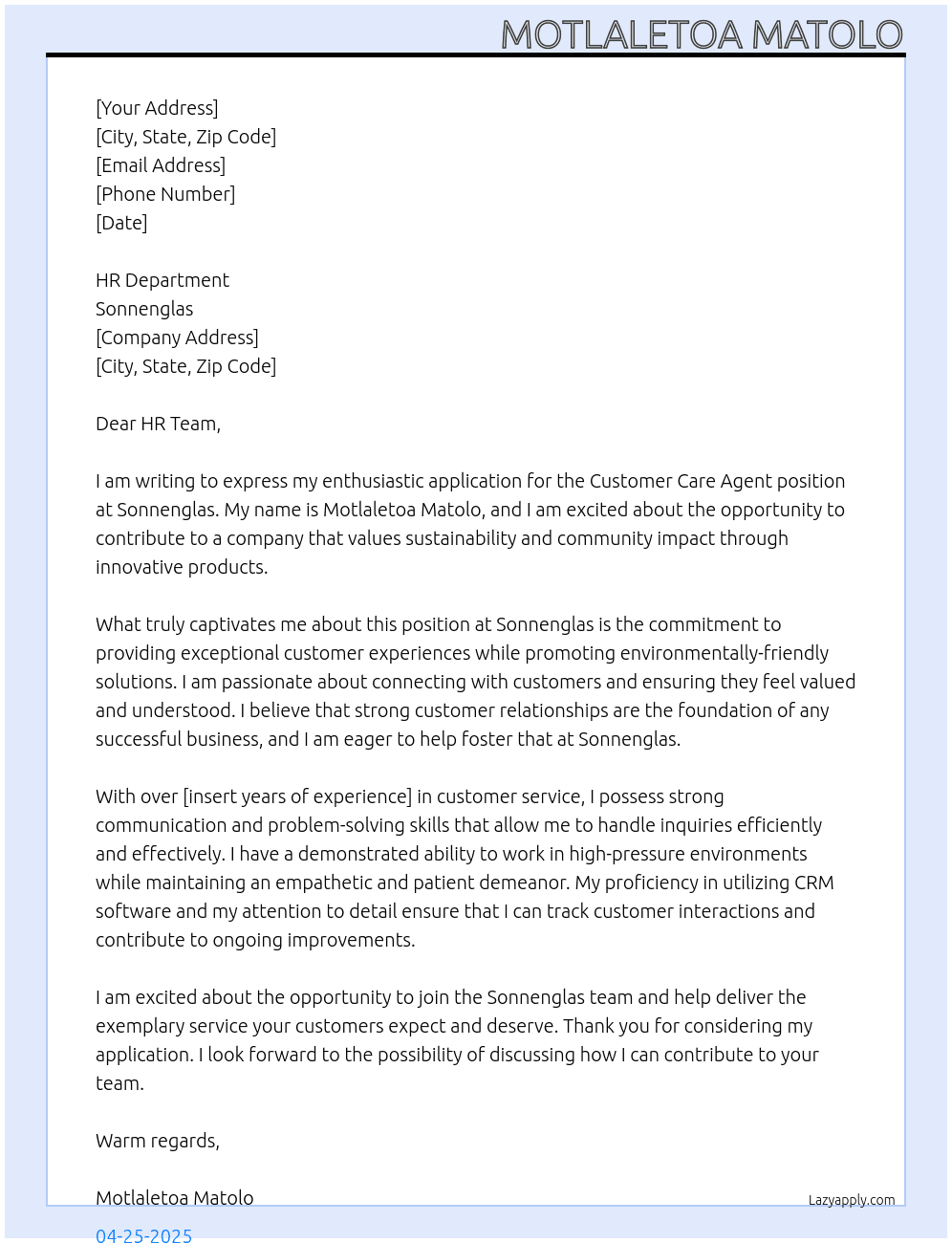 Customer Care Agent At Sonnenglas Cover Letter
