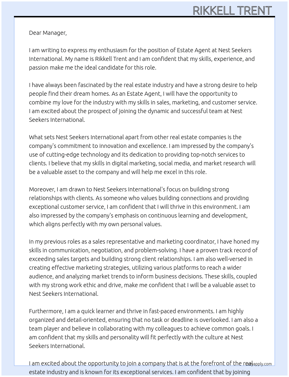 Estate agent  At Nest seekers international  Cover Letter