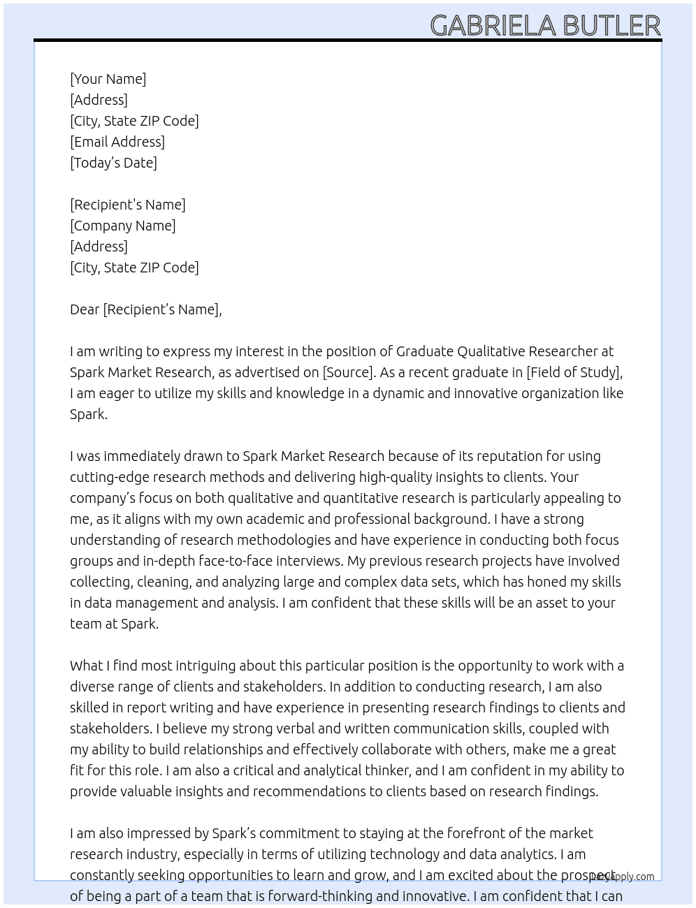 Graduate Qualitative Researcher At Spark Market Research Cover Letter
