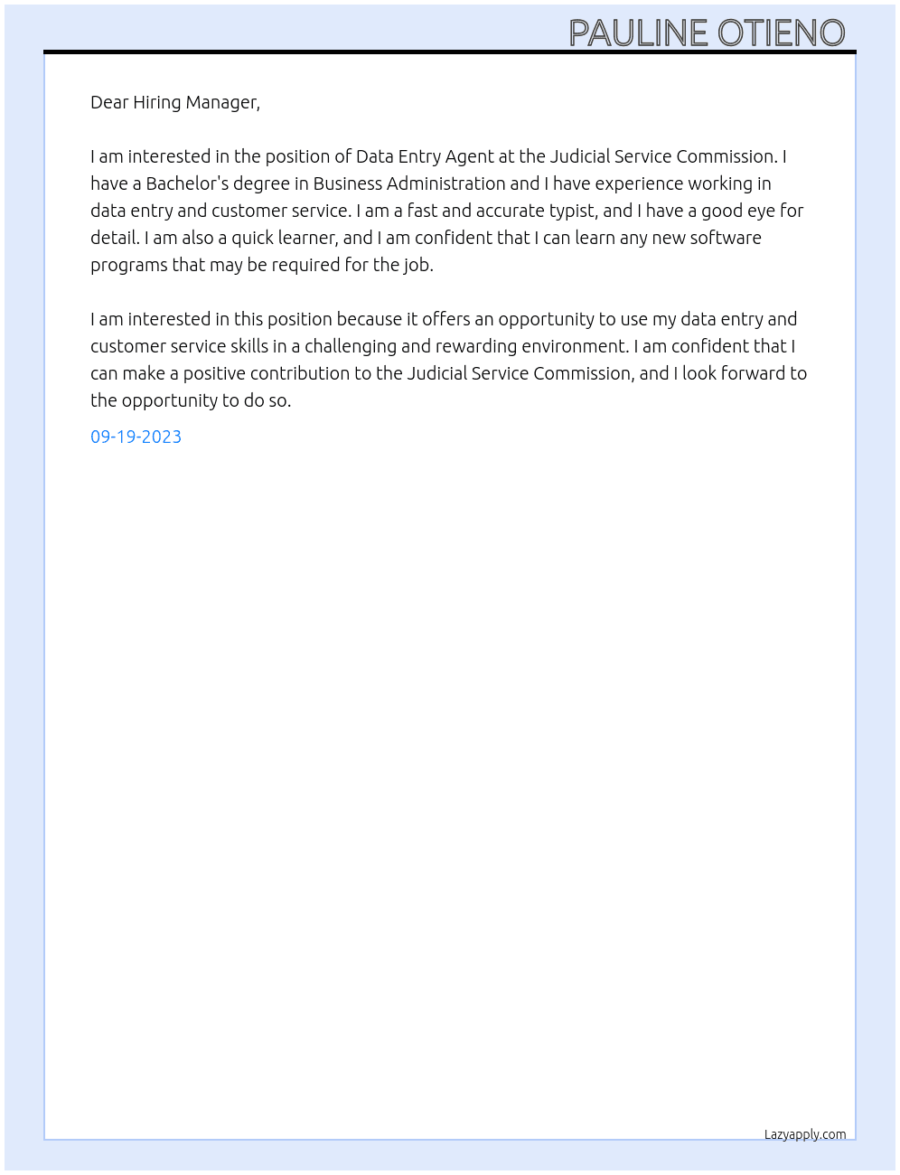 Data entry Agent  At Judicial service commission  Cover Letter
