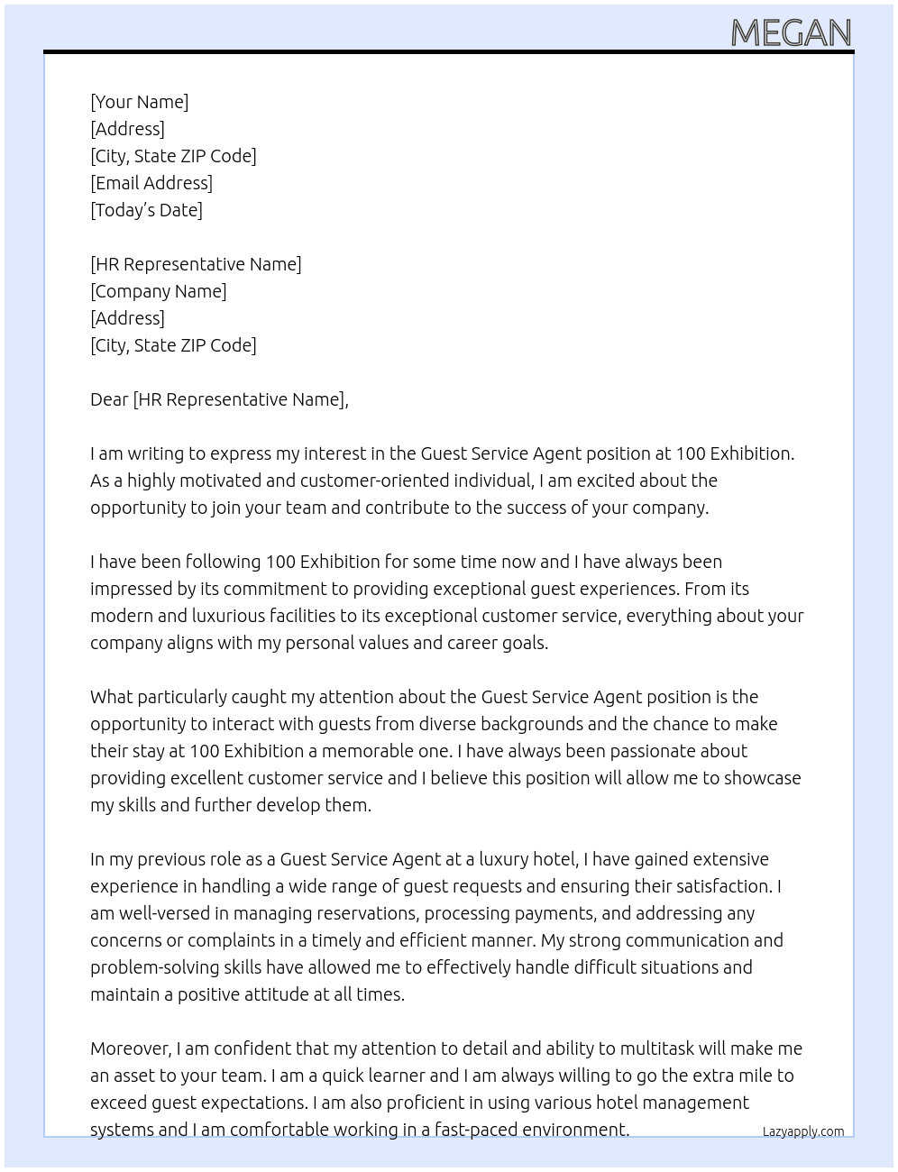 Guest Service Agents At 100 Exhibition Cover Letter