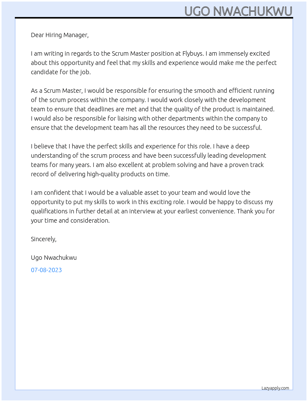 Scrum Master At Flybuys Cover Letter