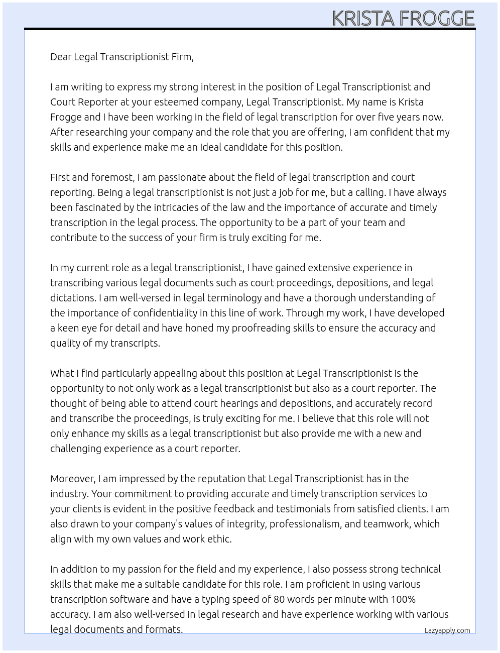 Legal Transcriptionist and Court Reporter At Legal Transcriptionist Cover Letter